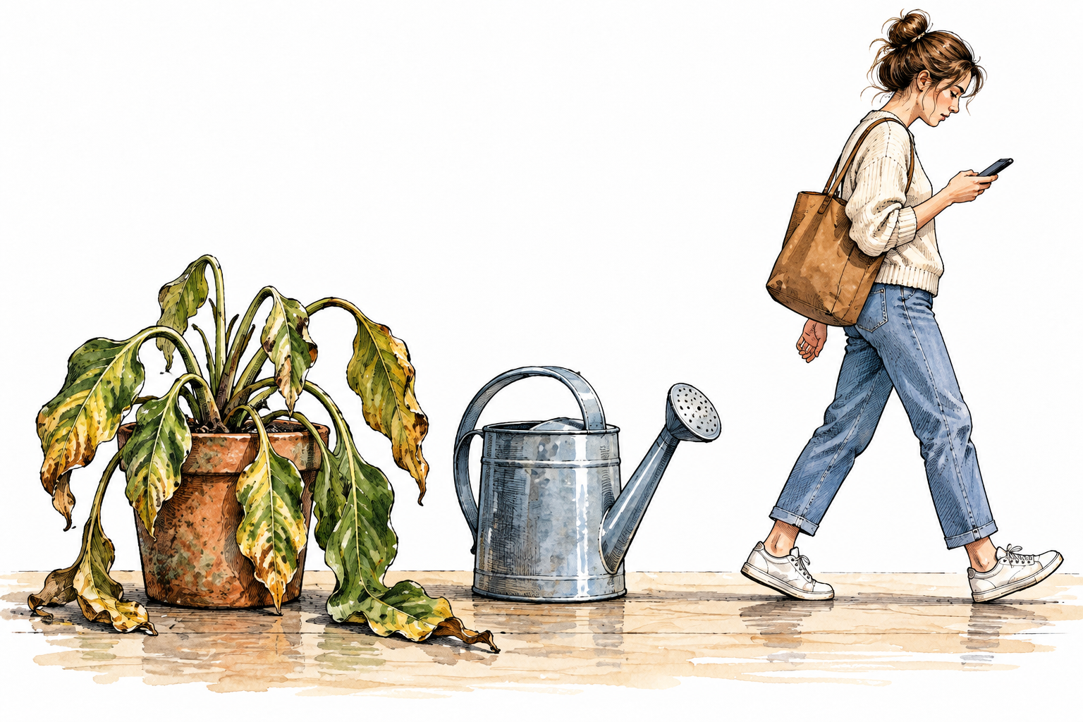 Houseplant droops badly beside untouched full watering can as owner walks past distracted, no lettering.