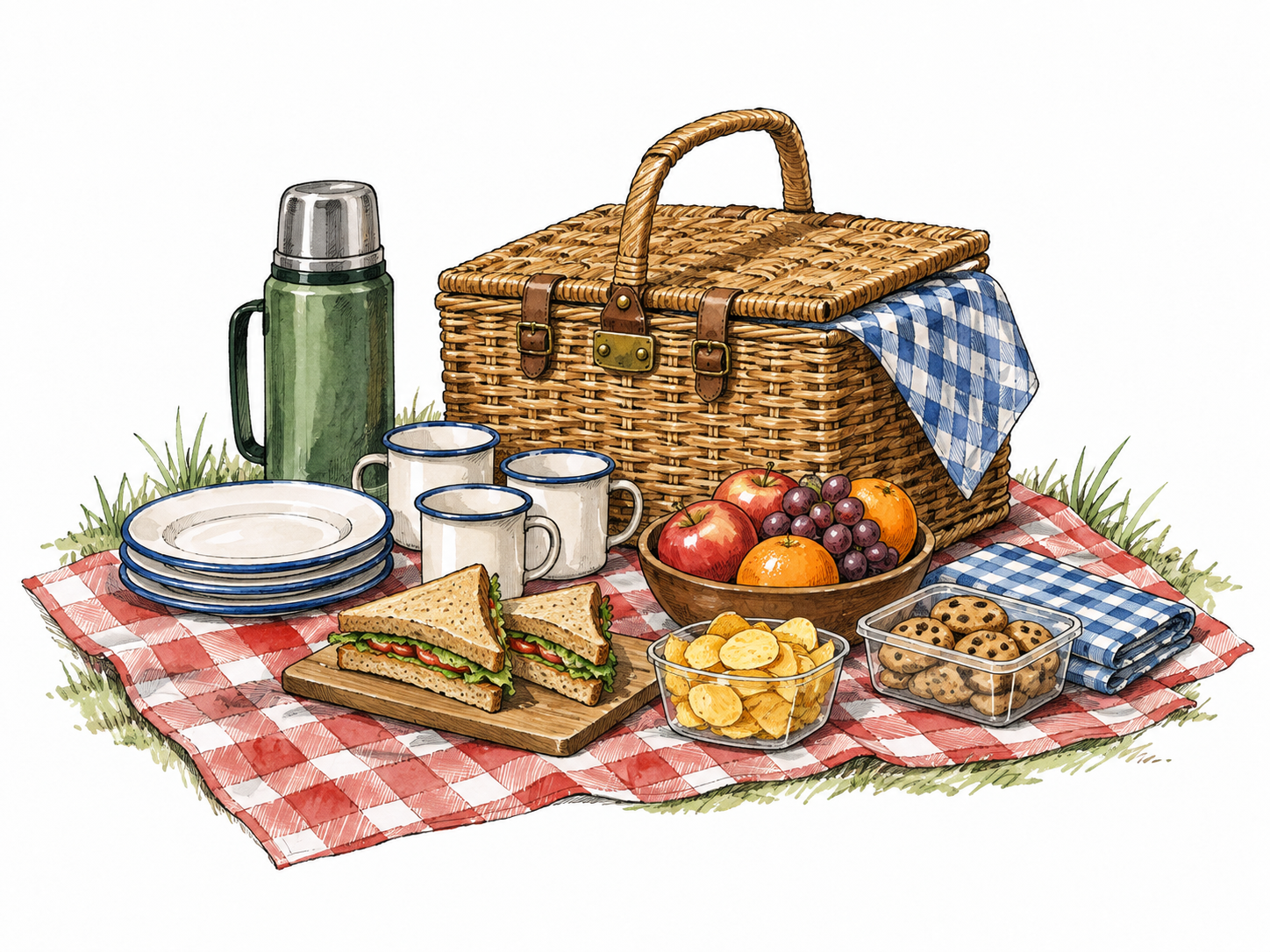 An entire picnic kit of blanket, basket, plates, cups and food gathered together.