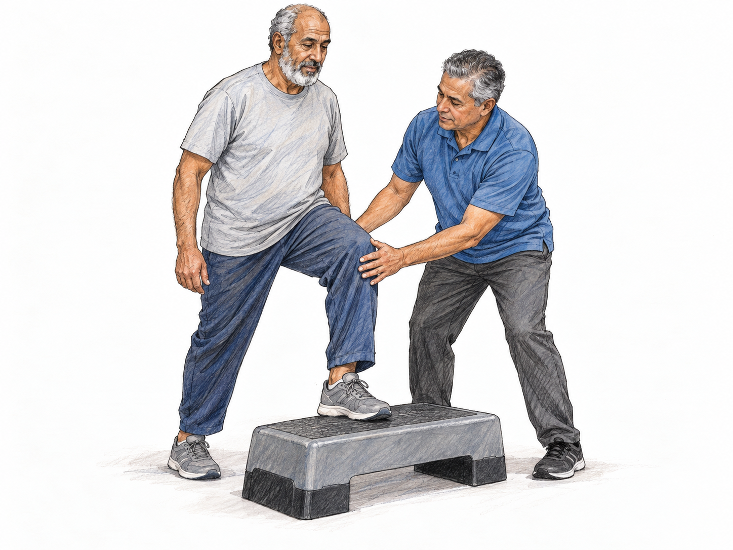 A beneficial rehabilitation exercise: an older man practices a controlled step-up on a low exercise platform while a physical therapist gently guides his knee into better alignment.