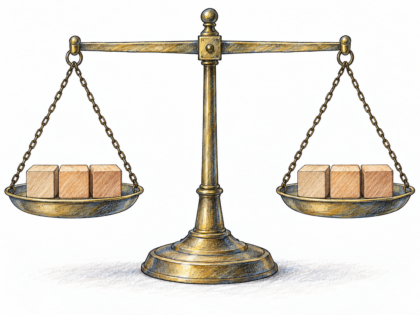 A level two-pan balance holds three identical wooden cubes in each pan, making equal amounts immediately visible.