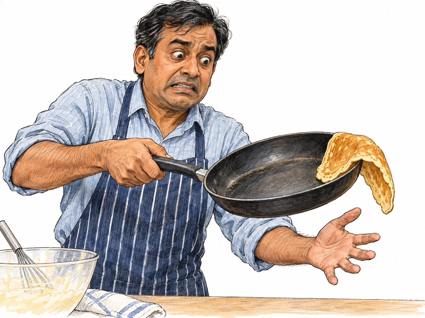 A man flubs a simple pancake flip: the pancake folds over the frying-pan rim instead of landing inside, while he awkwardly tries to catch it.