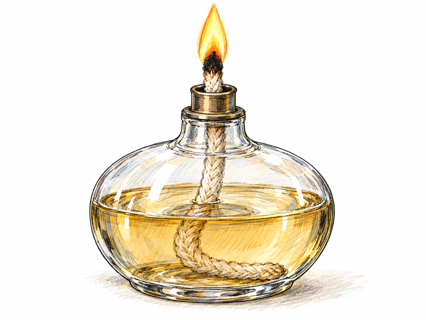 Close-up of a small clear-glass oil lamp, emphasizing a continuous braided cotton wick descending into the oil and rising through the holder to a small flame.