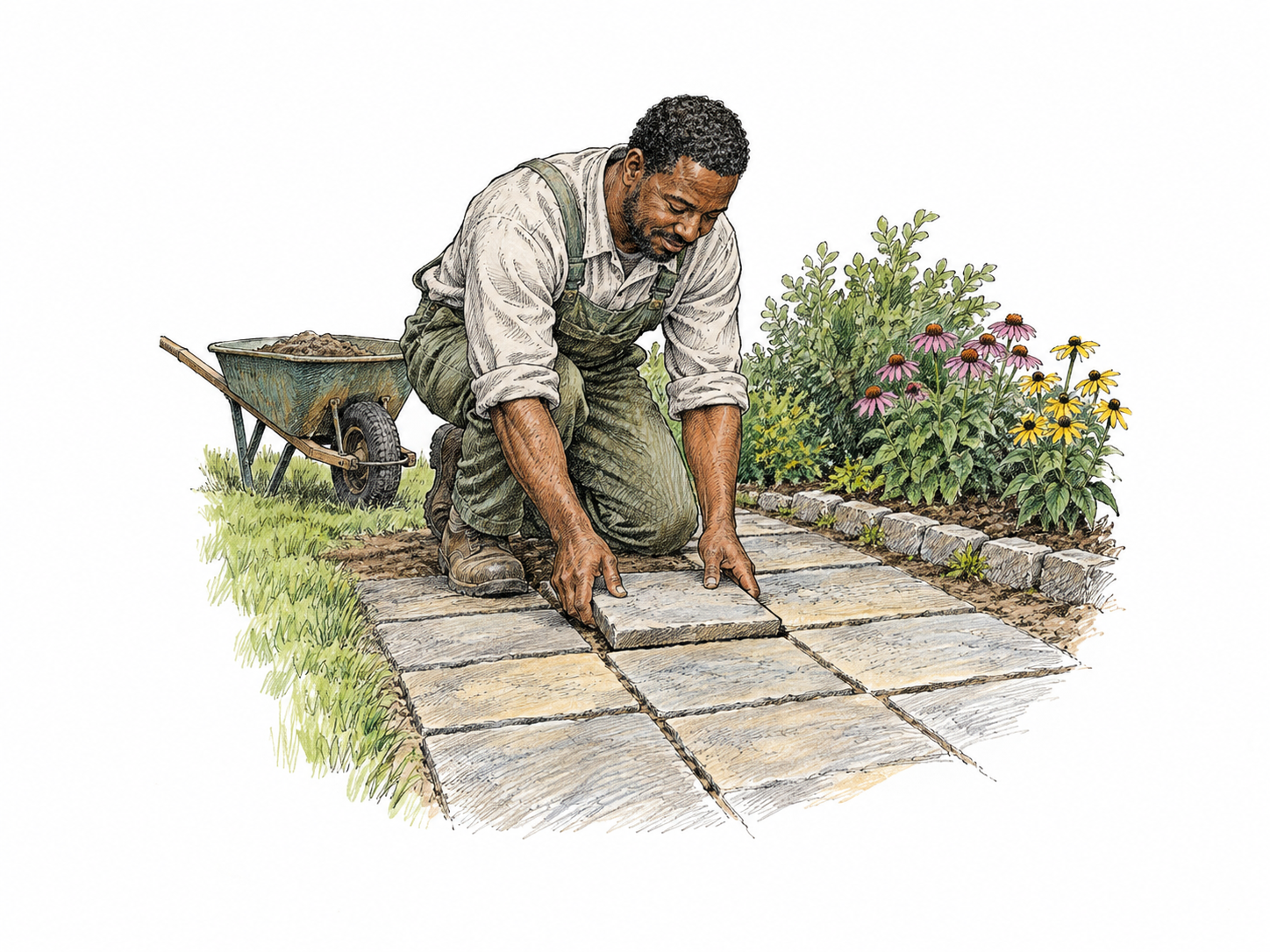 A gardener places the final paving stone into the sole remaining square gap of a short garden path, completing the surface; stone and hand contact clear.