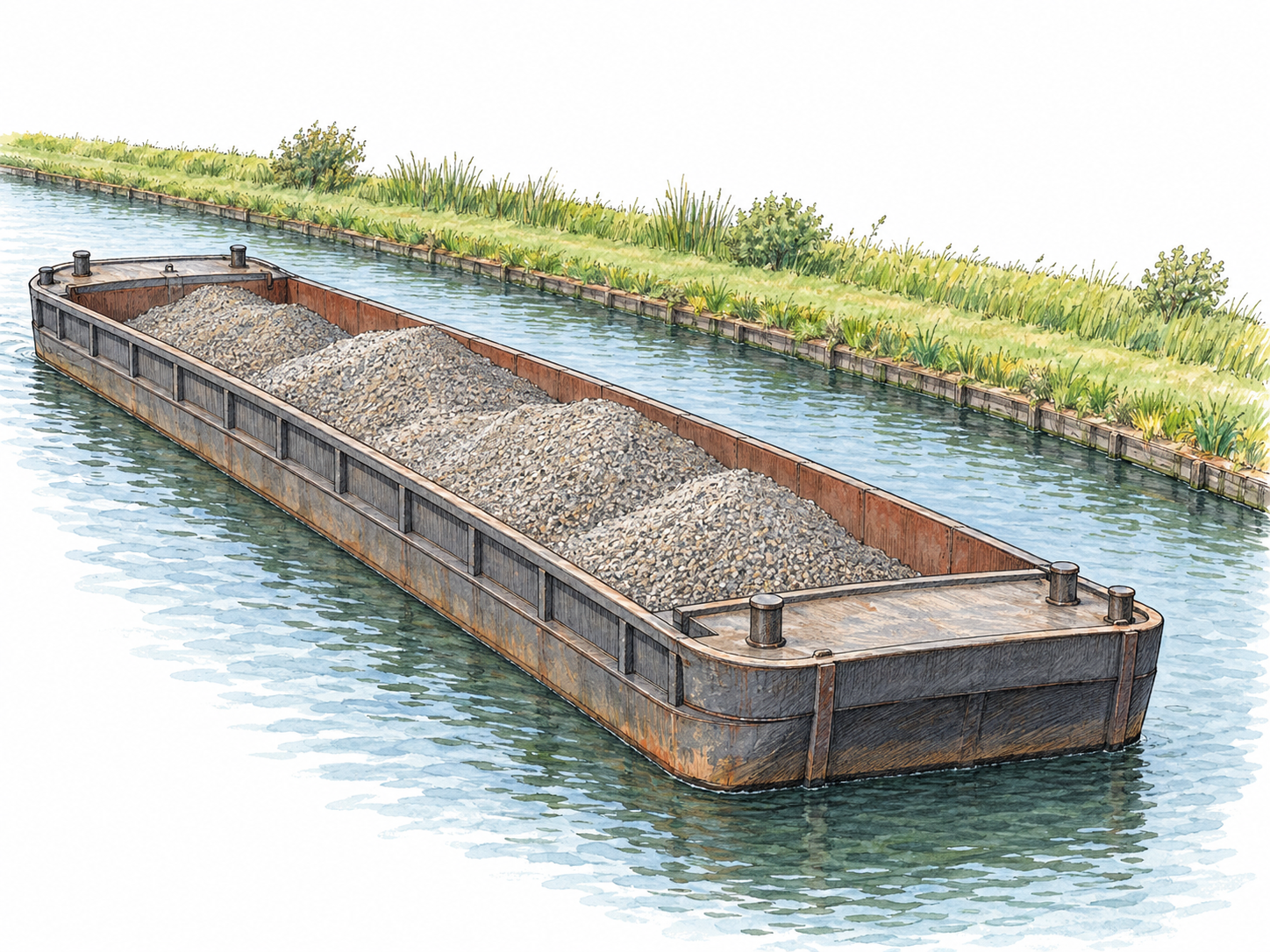 A large, broad cargo barge sits low in a calm inland canal, its shallow, boxlike hull and open hold filled with gravel clearly visible from an elevated three-quarter view.