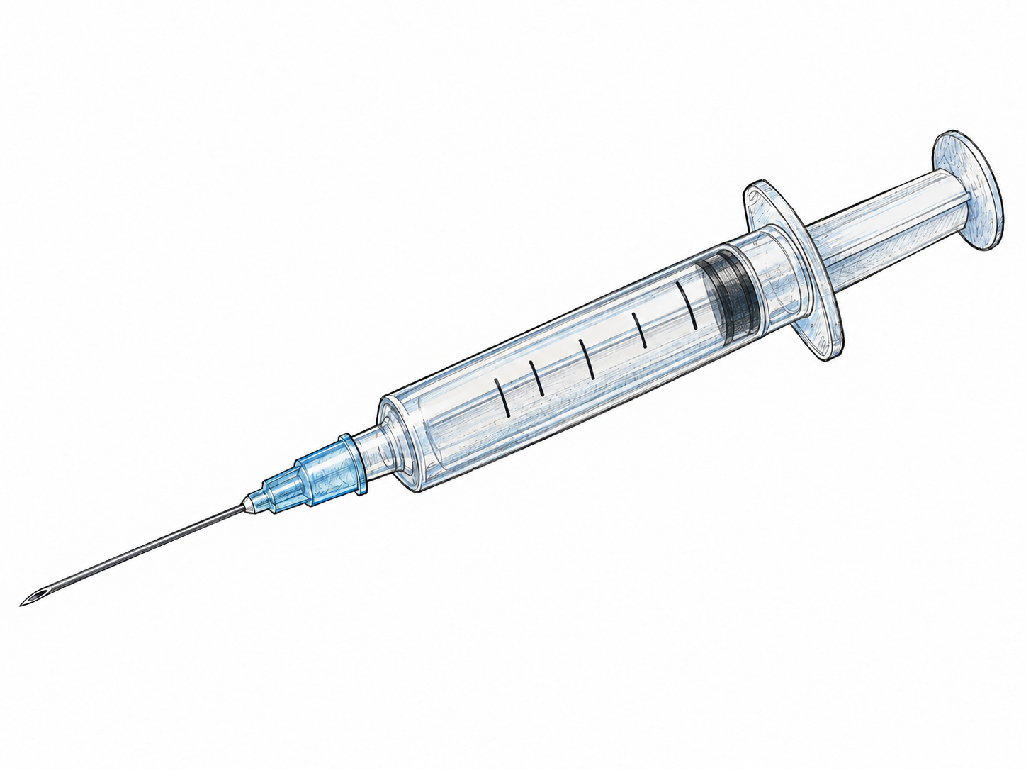 An isolated medical syringe fitted with an exposed hypodermic needle, clearly showing the hollow needle, transparent barrel and plunger.