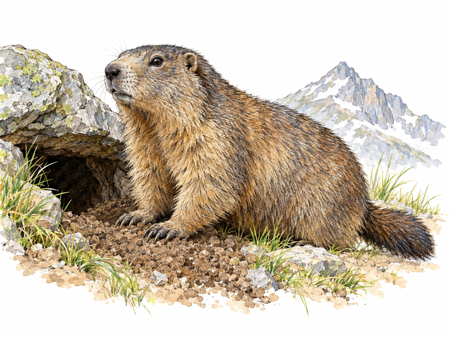 A stocky marmot beside its burrow beneath an alpine rock, with a small patch of mountain grass and a lightly indicated rocky peak.