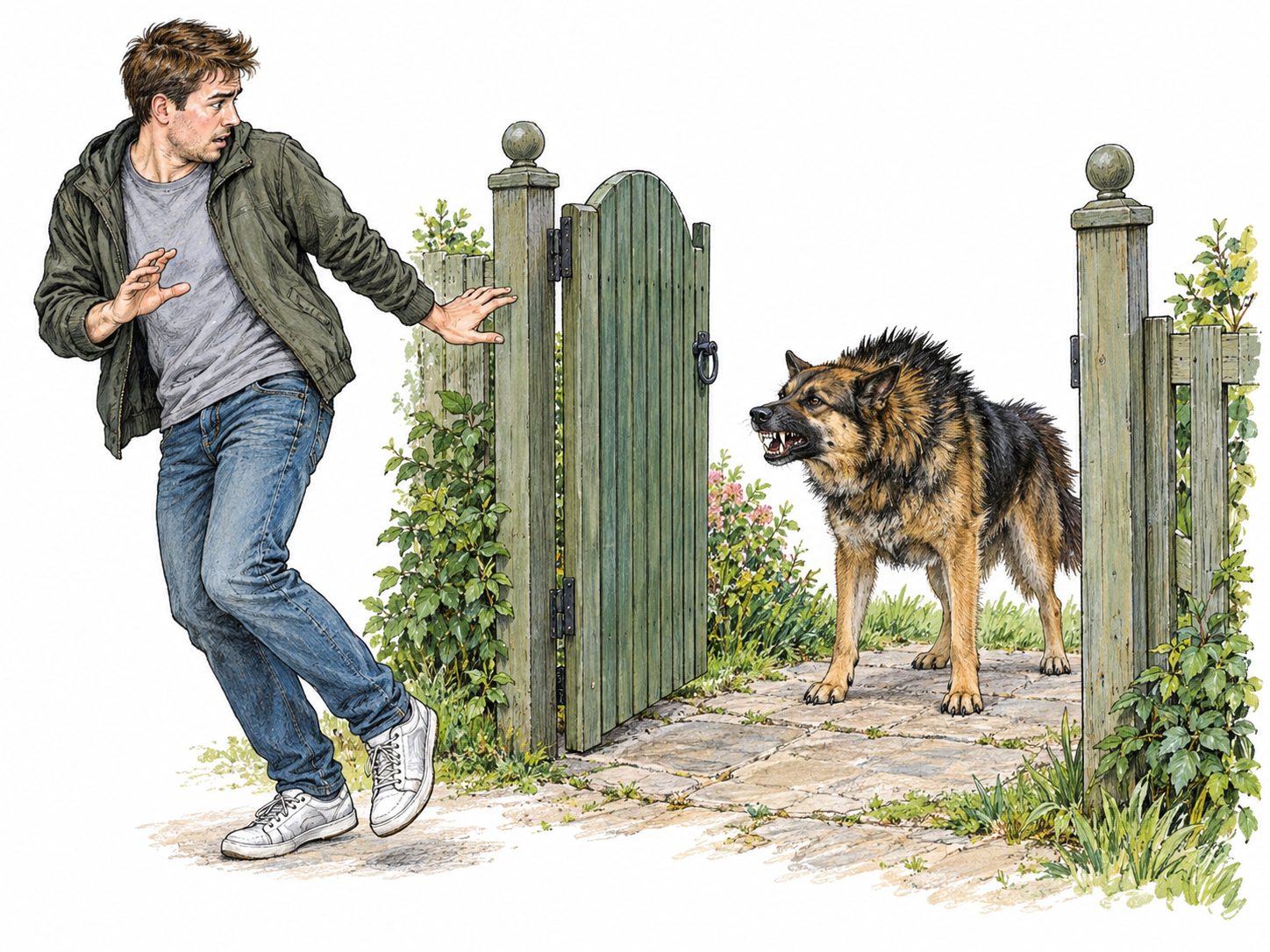 A man abandons entering an open garden gate when he sees a growling dog inside.
