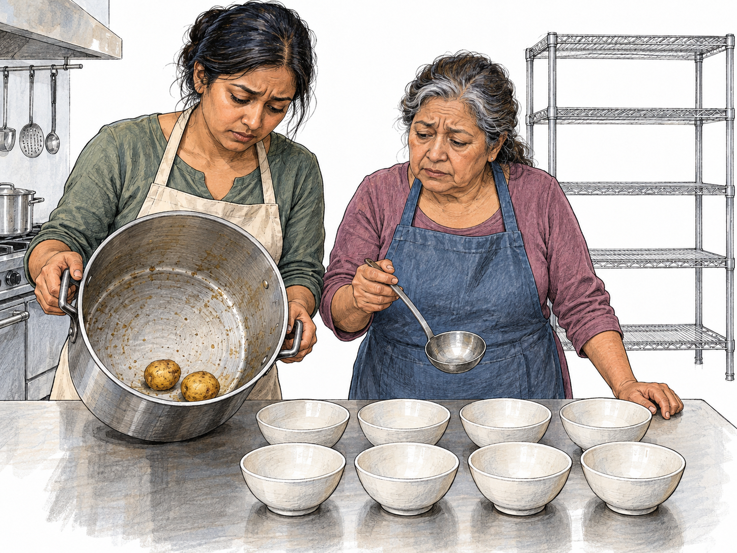 A community kitchen has far too little food to fill the waiting bowls: two women face an almost empty cooking pot, a row of empty bowls, and bare food-storage shelves.