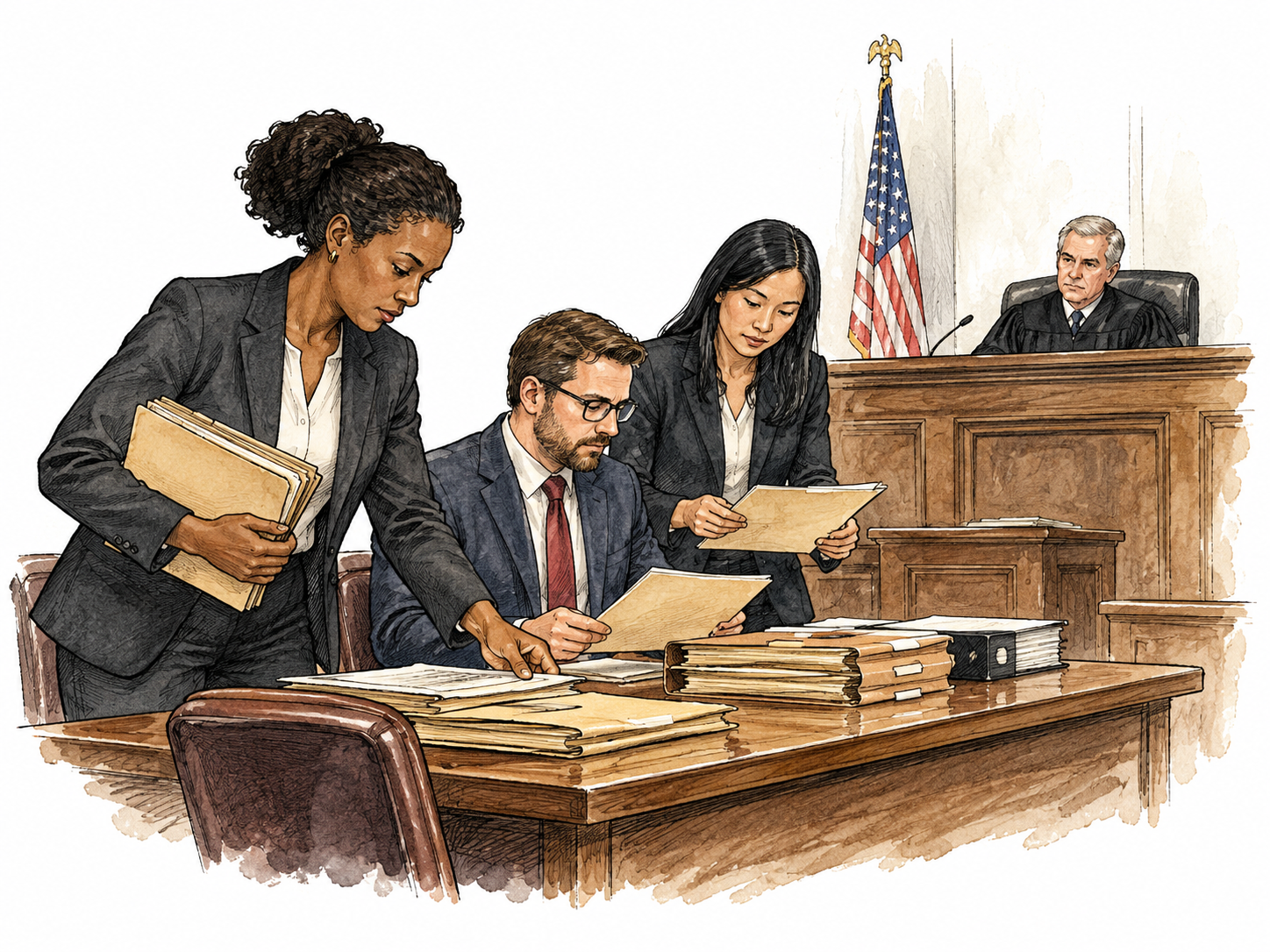 A prosecution team of diverse lawyers organizes evidence folders at a courtroom table facing the judge.