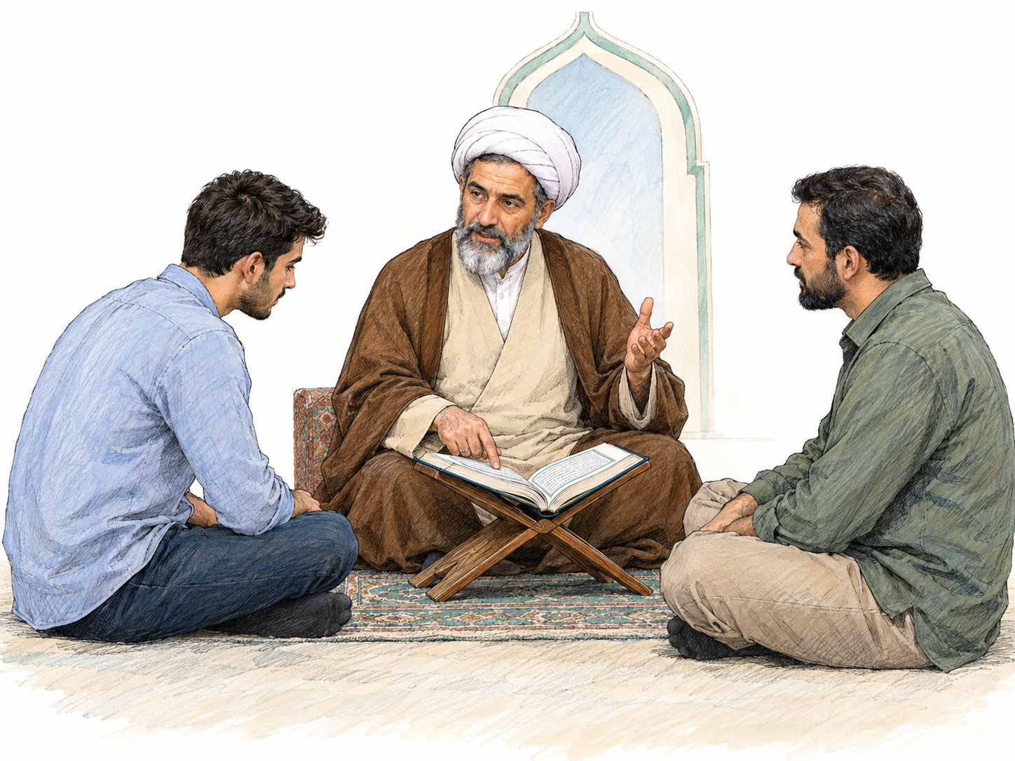 A Muslim religious teacher leads a small lesson in a mosque, seated beside an open Qur’an on a wooden bookstand while two attentive adult students follow his pointing gesture.
