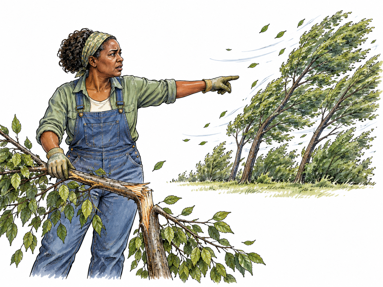 An adult gardener points from a newly broken branch to a strong wind bending nearby trees, attributing the break to the wind, clear cause and judgment, no text.