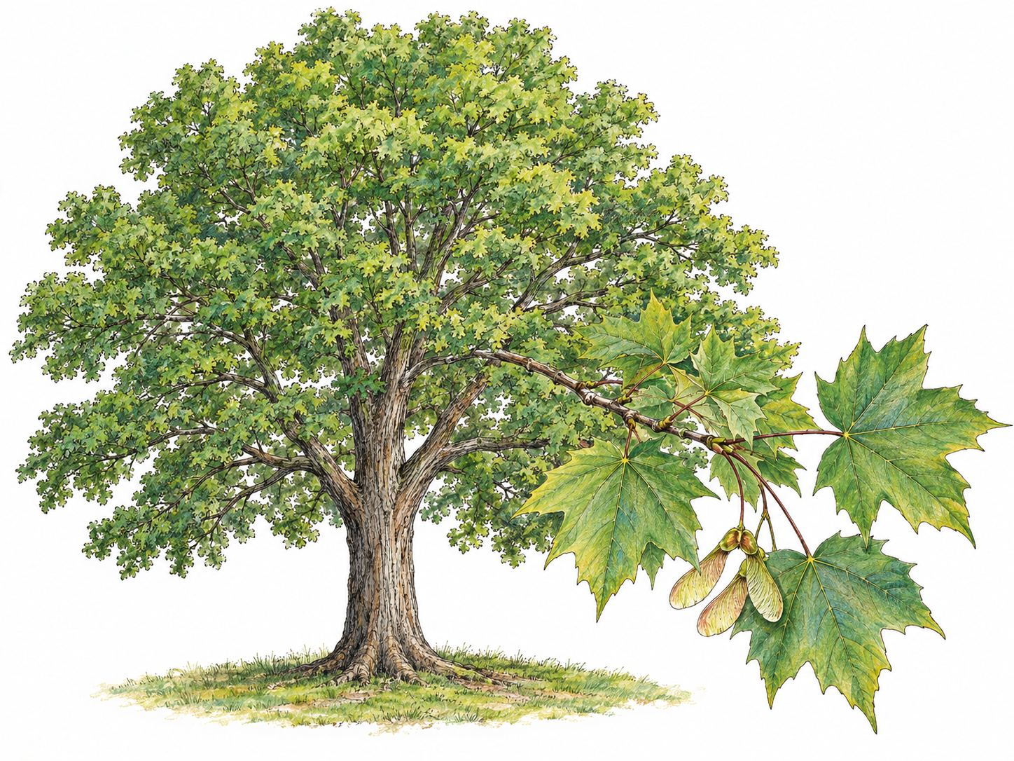 A mature sugar maple with a spreading crown and a low foreground branch showing unmistakable five-lobed leaves and paired winged seeds.