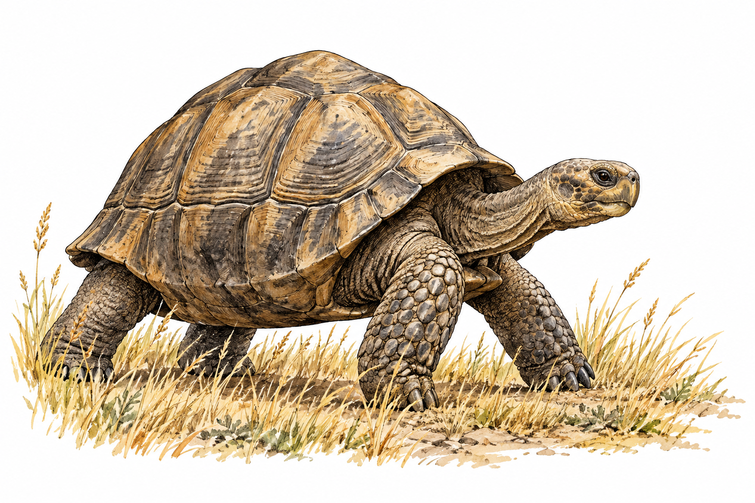 A land tortoise with a high heavy domed shell and stout elephant-like legs walking across dry grass, realistic species anatomy, no aquatic flippers.