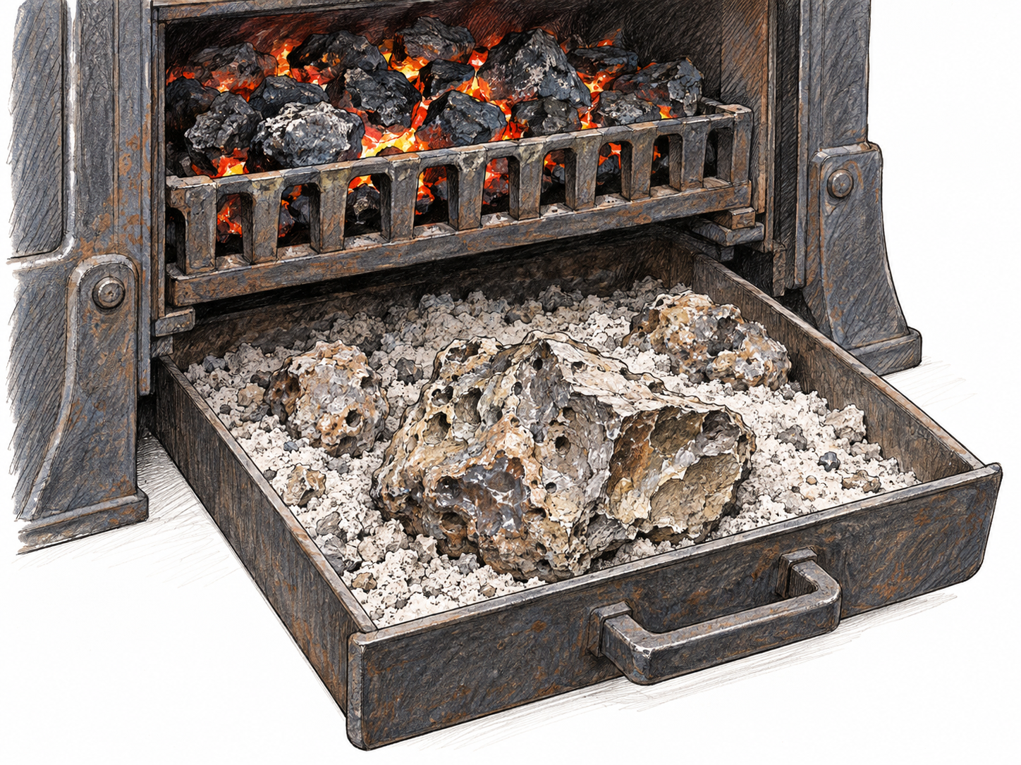 Close view of hard, irregular fused clinker lumps in the ash tray beneath a coal furnace grate, contrasting their stony, blistered surfaces with loose powdery ash and the burning coal above.