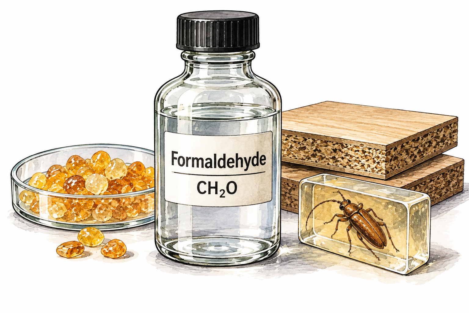 A sealed laboratory reagent bottle labeled Formaldehyde and CH₂O contains clear liquid beside resin samples, neutral science illustration, no exposed fumes.