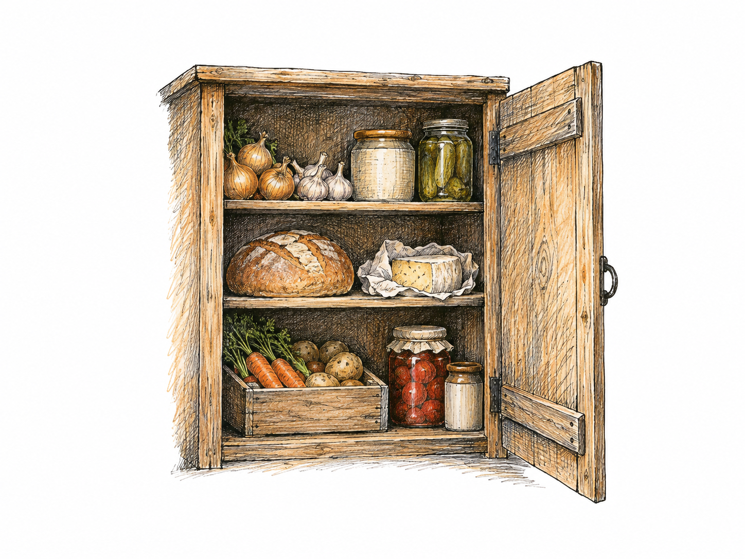 A small open food-storage cupboard with simple shelves holds vegetables, plain jars, bread and a wrapped cheese, modest larder arrangement, everything without labels.