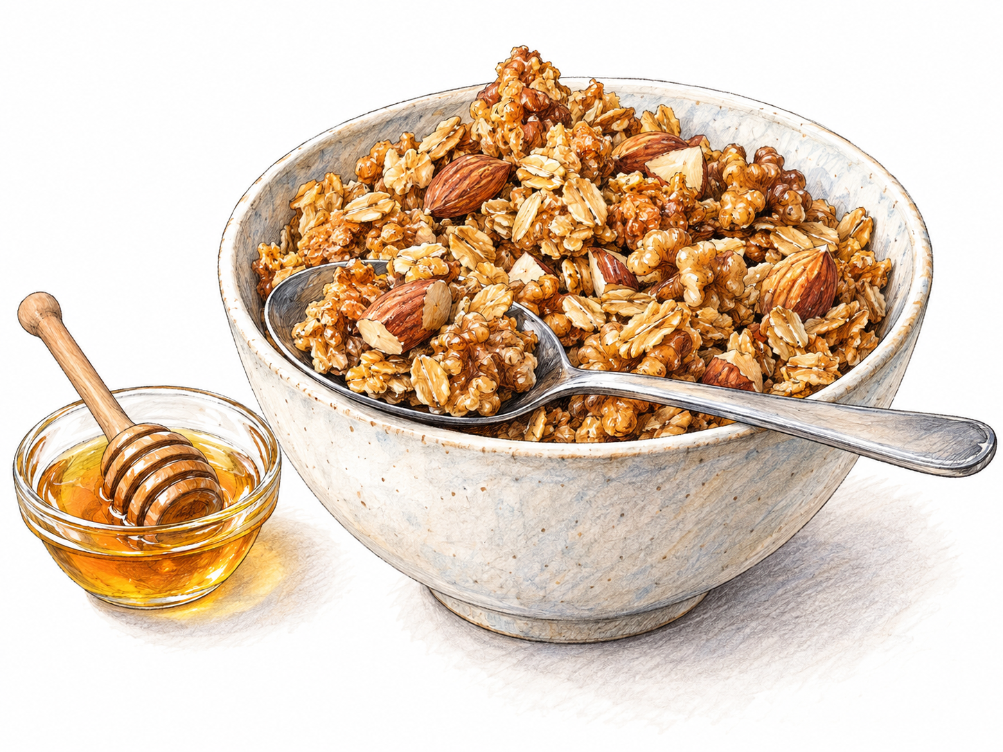A breakfast bowl filled with golden baked oat clusters and visible nuts, beside a small dish of honey and a spoon holding a close, readable sample of the granola.