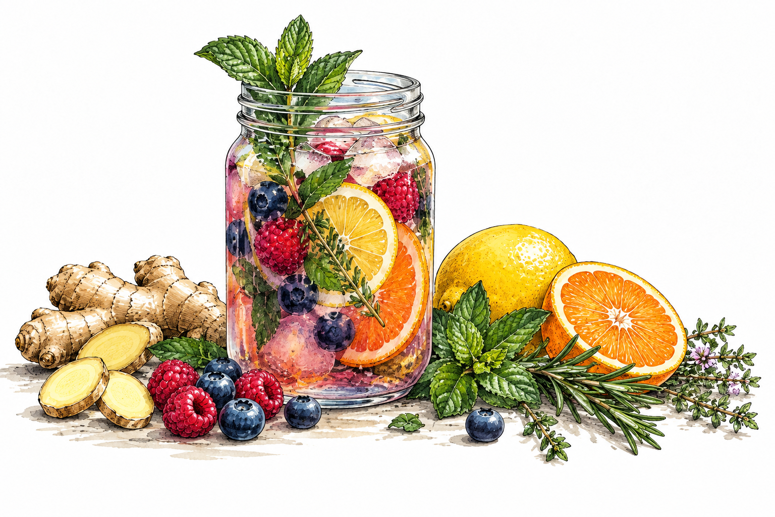 An unusual colorful drink mixture in a glass jar beside ginger, berries, herbs and citrus, distinct varied ingredients, no labels.
