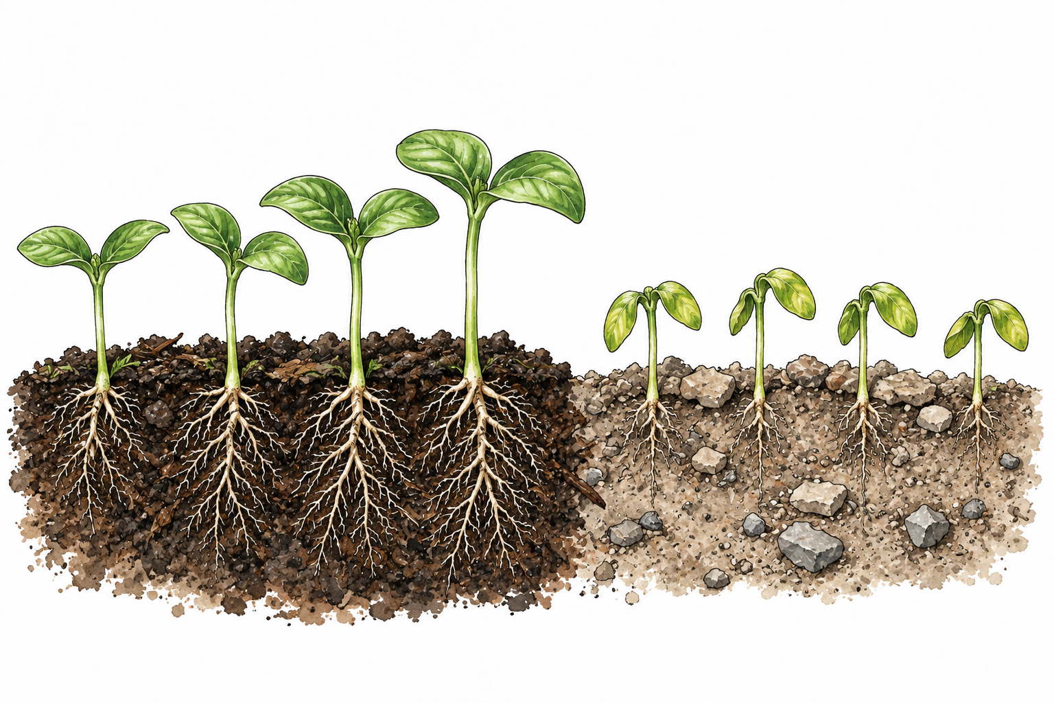 Several identical seedlings, those planted in rich soil grow vigorously and those in poor soil grow weakly, showing conditions make growth more likely.