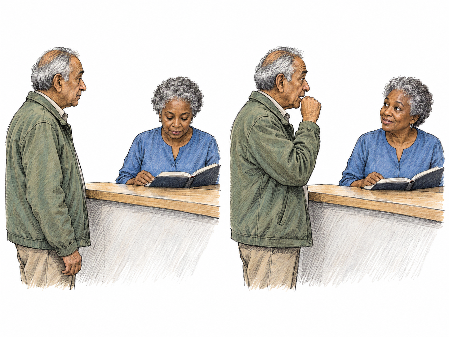 A restrained throat-clear gains the attention of a distracted service-desk attendant, shown in a compact two-moment sequence.