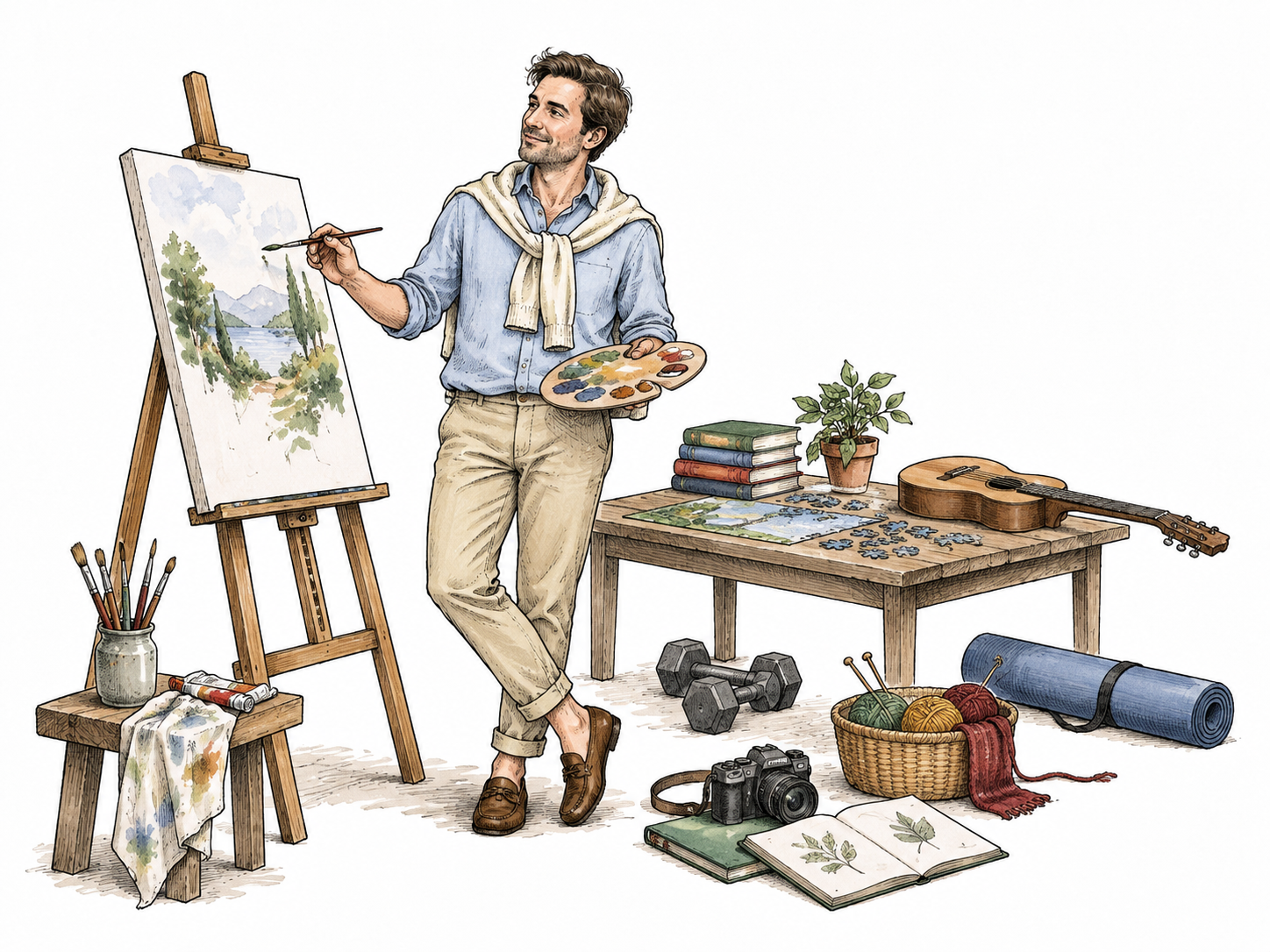 A fashionable white adult casually dabbles in painting amid several barely started hobby projects, superficial involvement without ridicule.