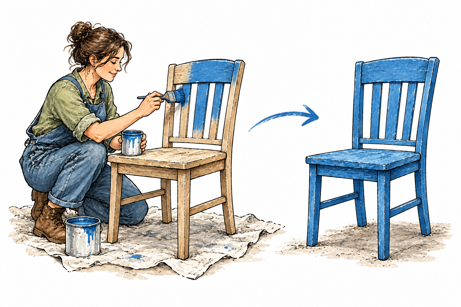 Two sequential views of a plain chair being painted blue by a modern craftsperson, visibly becomes different.