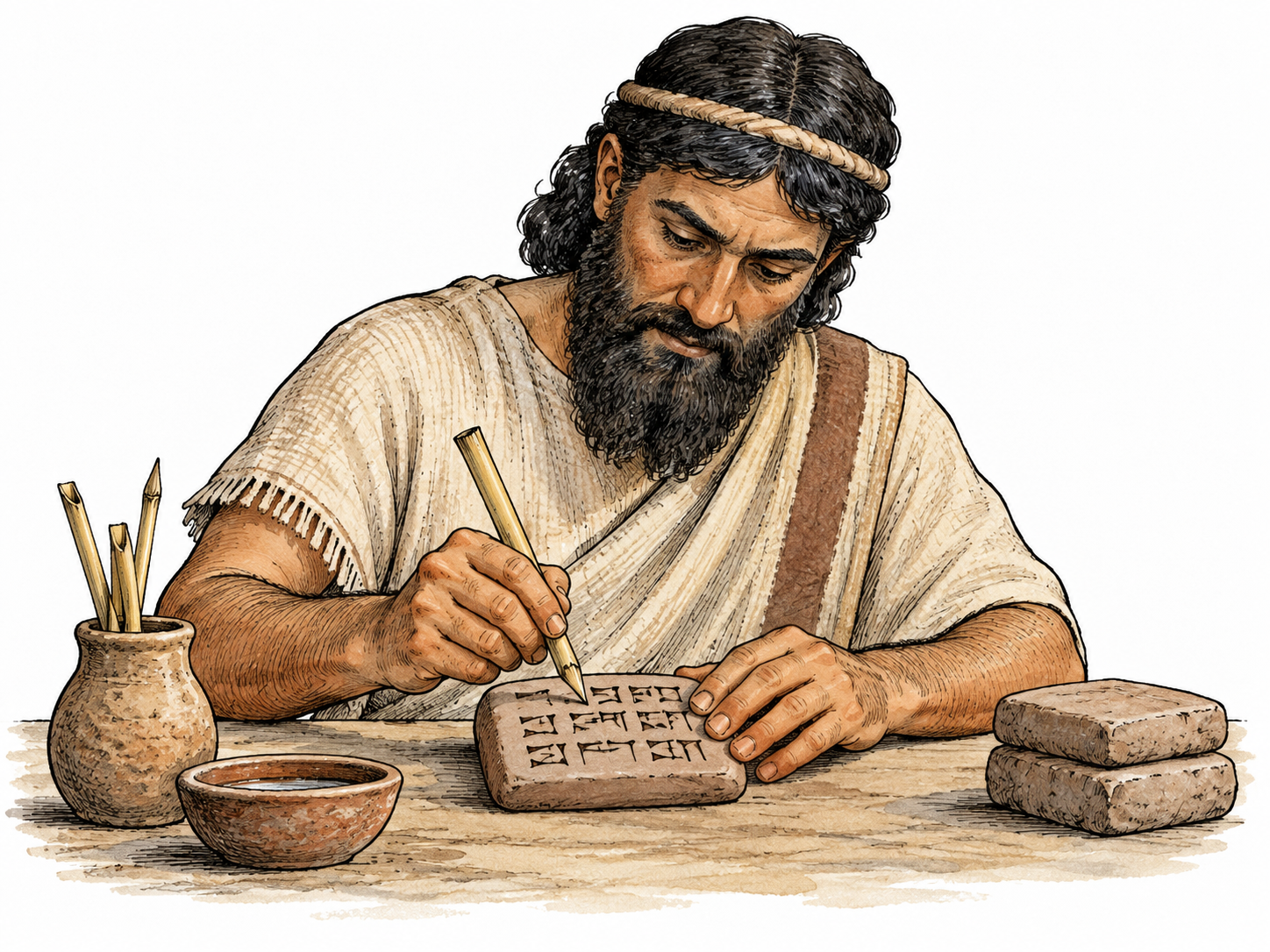 A Mesopotamian scribe presses wedge-shaped impressions into a small wet clay tablet with a cut reed stylus.