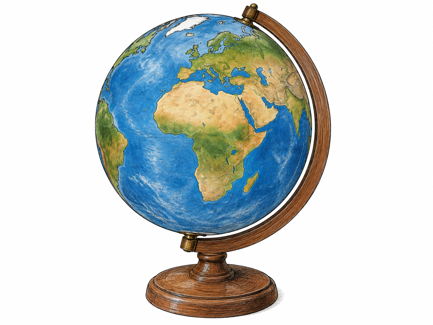 One terrestrial globe on a simple wooden stand, spherical Earth model with recognizable Africa and Europe facing viewer, blue oceans and muted green-brown land; no place names, borders, numbers or lettering.