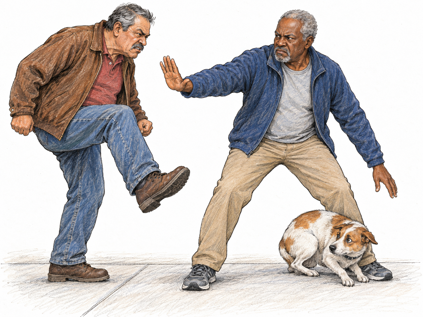 A man's deliberate cruelty toward a small, cowering dog earns another man's unmistakable disgust and intervention, making the behavior visibly worthy of strong dislike.