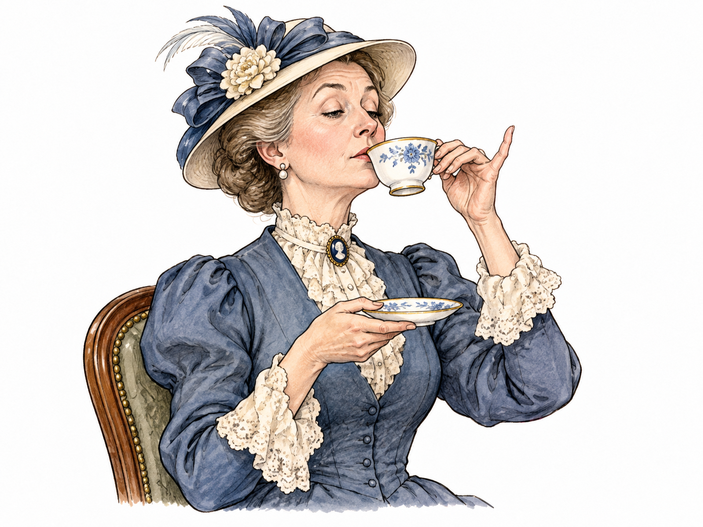 Adult in old-fashioned refined formal dress sips tea with exaggerated delicate posture and raised little finger, polite affected manner, no text.