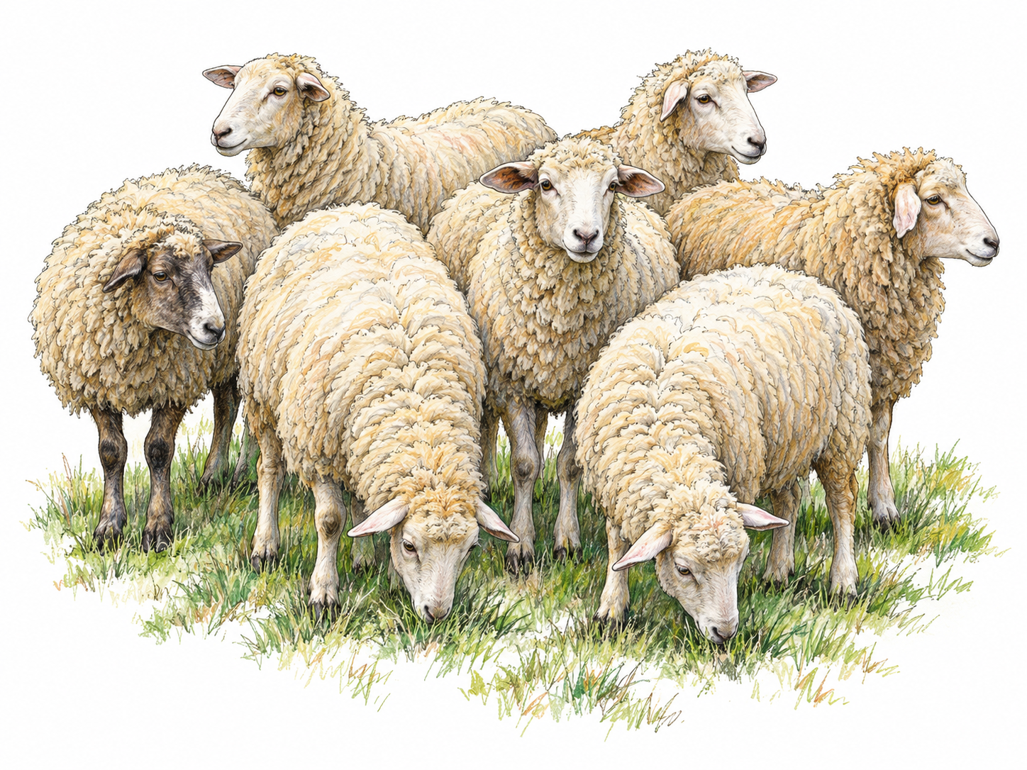 A compact flock of sheep gathered closely together on a small patch of pasture, with overlapping bodies making the group immediately recognizable.