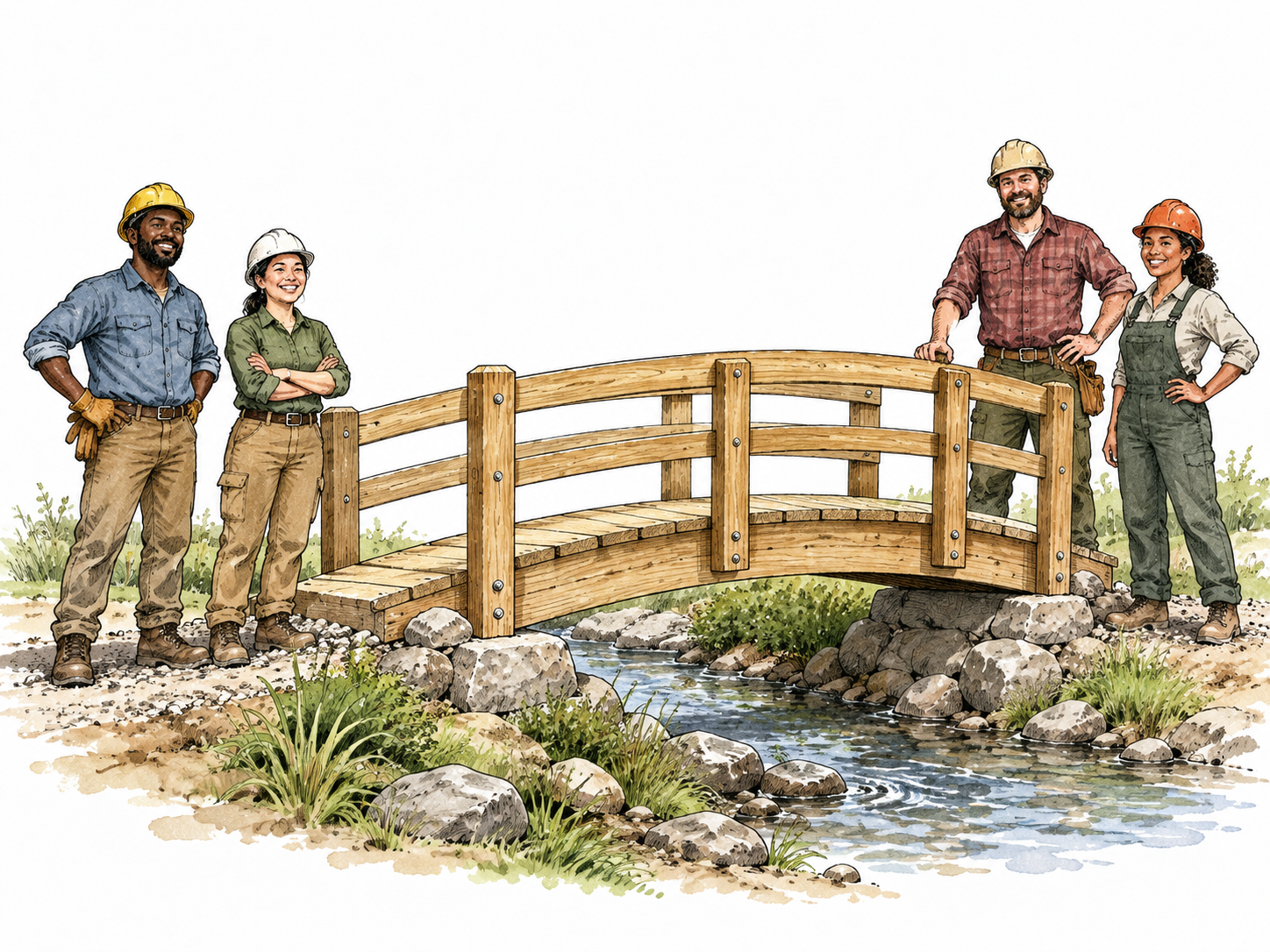 A diverse small construction team proudly stands beside a completed sturdy footbridge.