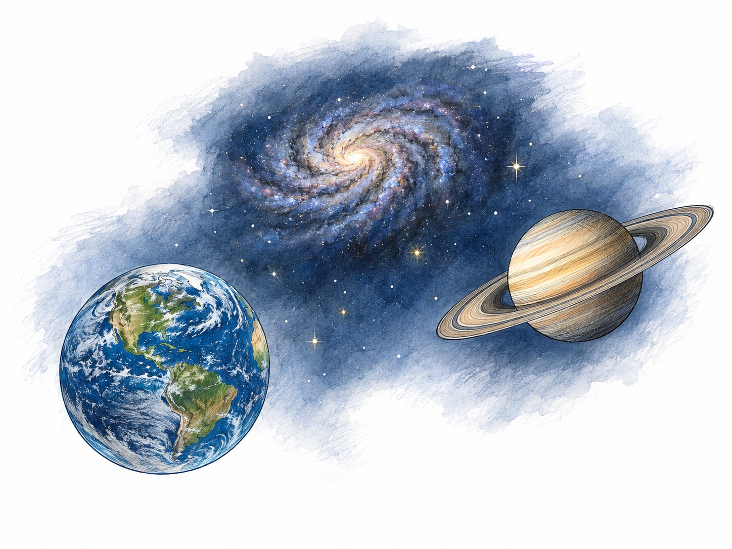 A compact astronomical vista showing a small Earth in the foreground, a ringed planet farther away, and a distant spiral galaxy among stars, emphasizing the universe beyond Earth.