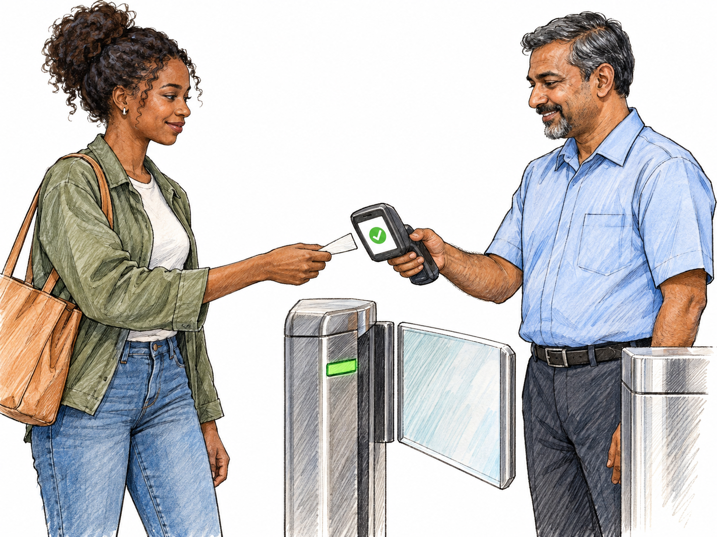 A transit attendant scans a passenger’s ticket; a green check on the scanner and an open entry gate show that the ticket is valid and accepted.