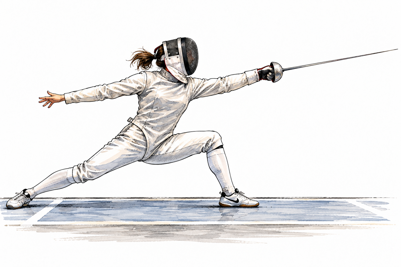 Adult fencer makes a sudden forward lunge, front knee bent and rear leg extended, protective gear, safe sporting scene, no letters.