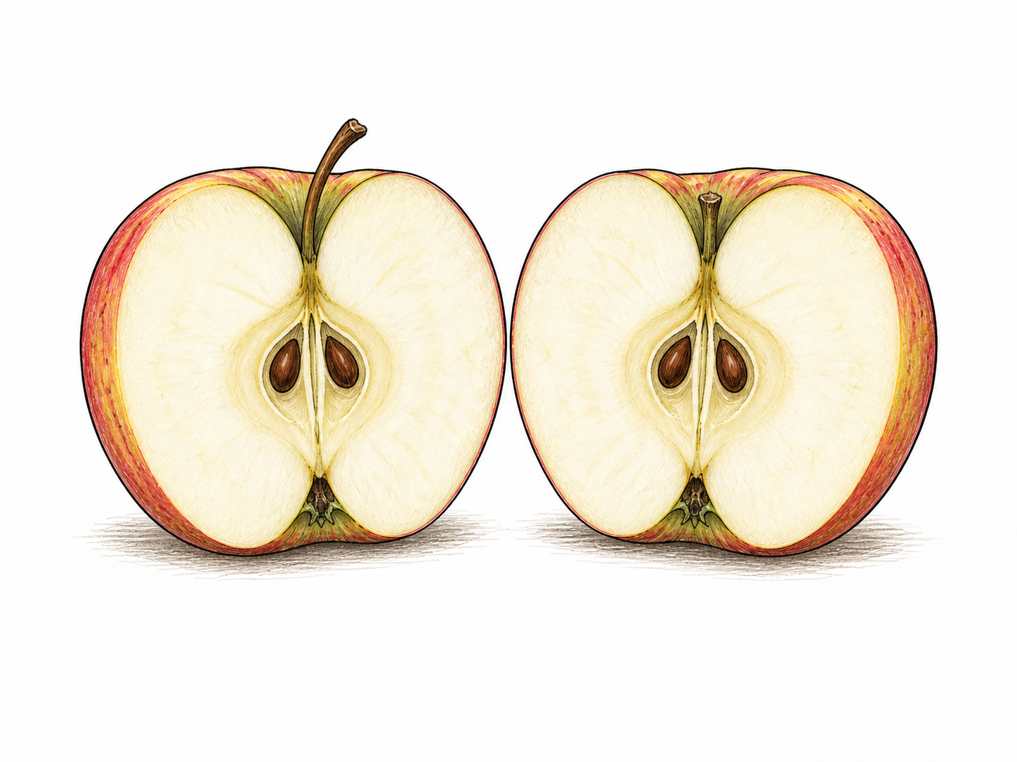 One round apple cleanly cut into two equal matching halves side by side, both exposed cut faces and seeds visible, simple white ground.