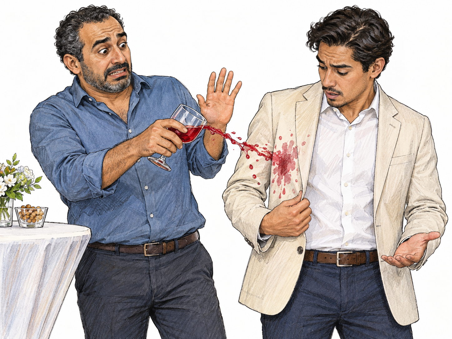 At a small social gathering, a man accidentally tips his drink onto another guest’s pale jacket.