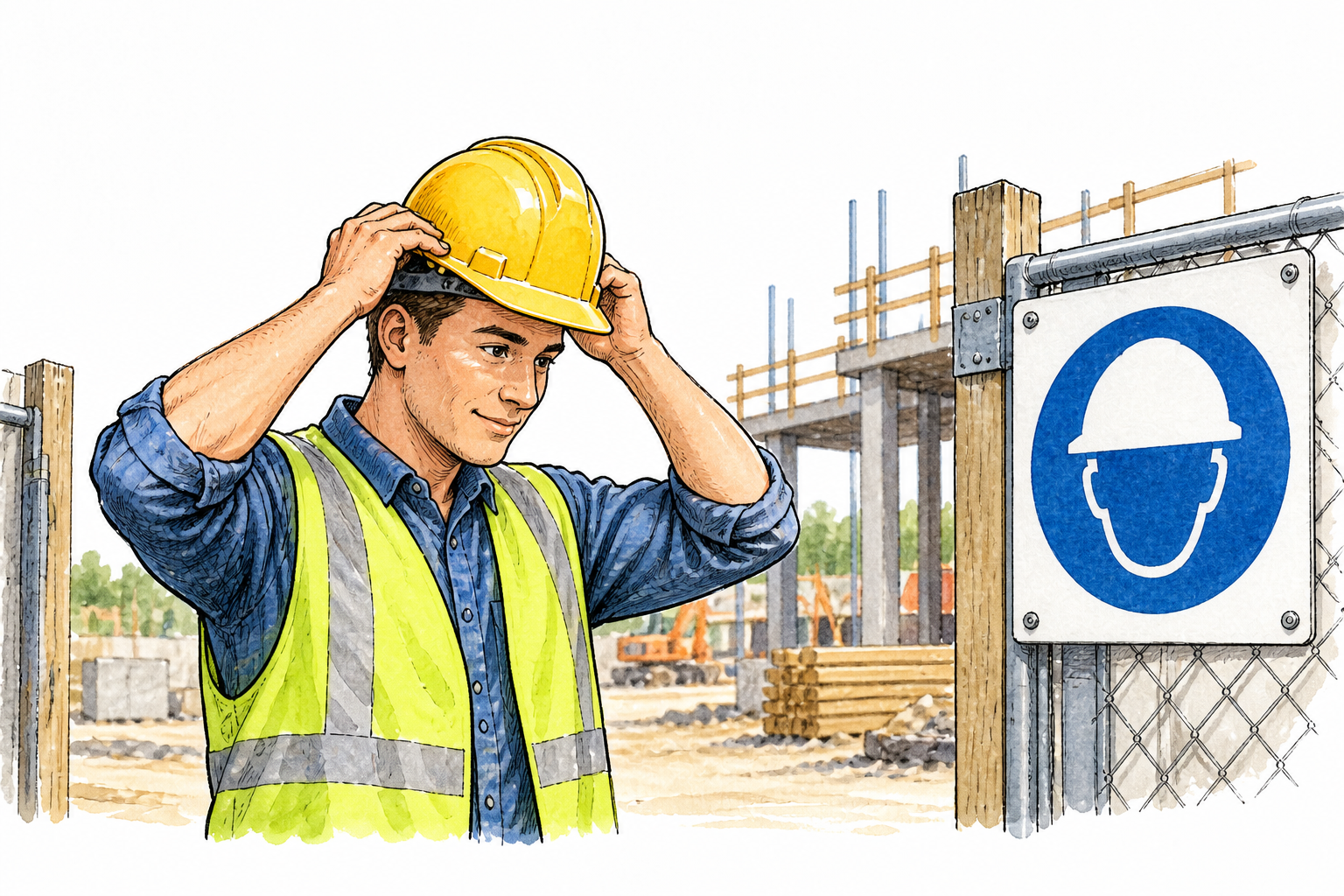 Worker puts on required hard hat before entering construction site, mandatory hard-hat pictogram only, no words.