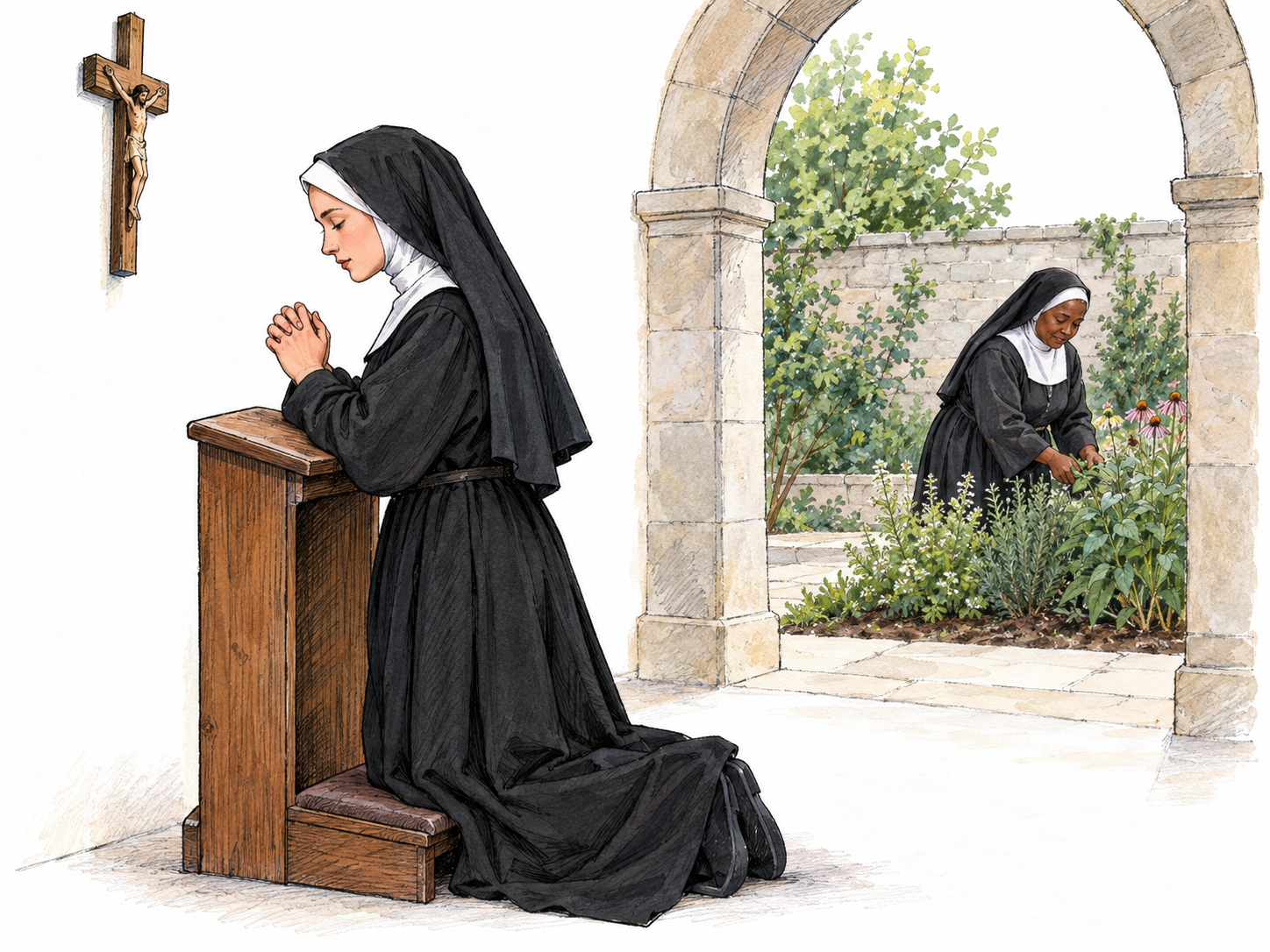 A veiled nun kneels in prayer in a spare monastery cloister, with another nun quietly tending a small enclosed garden beyond her.