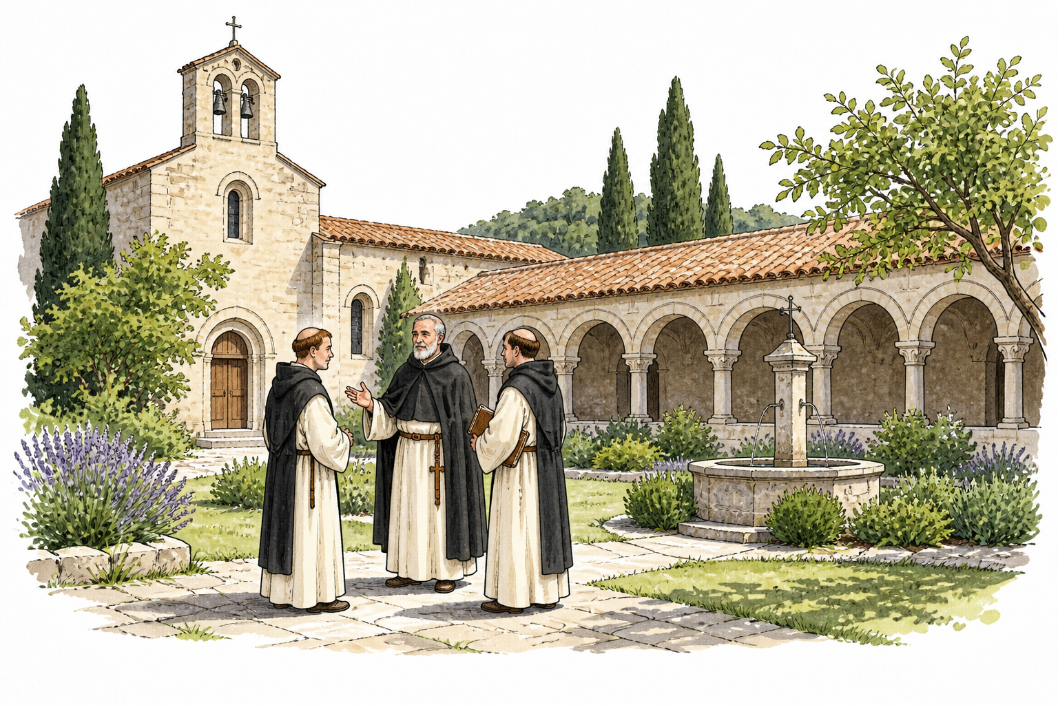 Small peaceful medieval monastery with cloister courtyard, robed prior meeting two monks.
