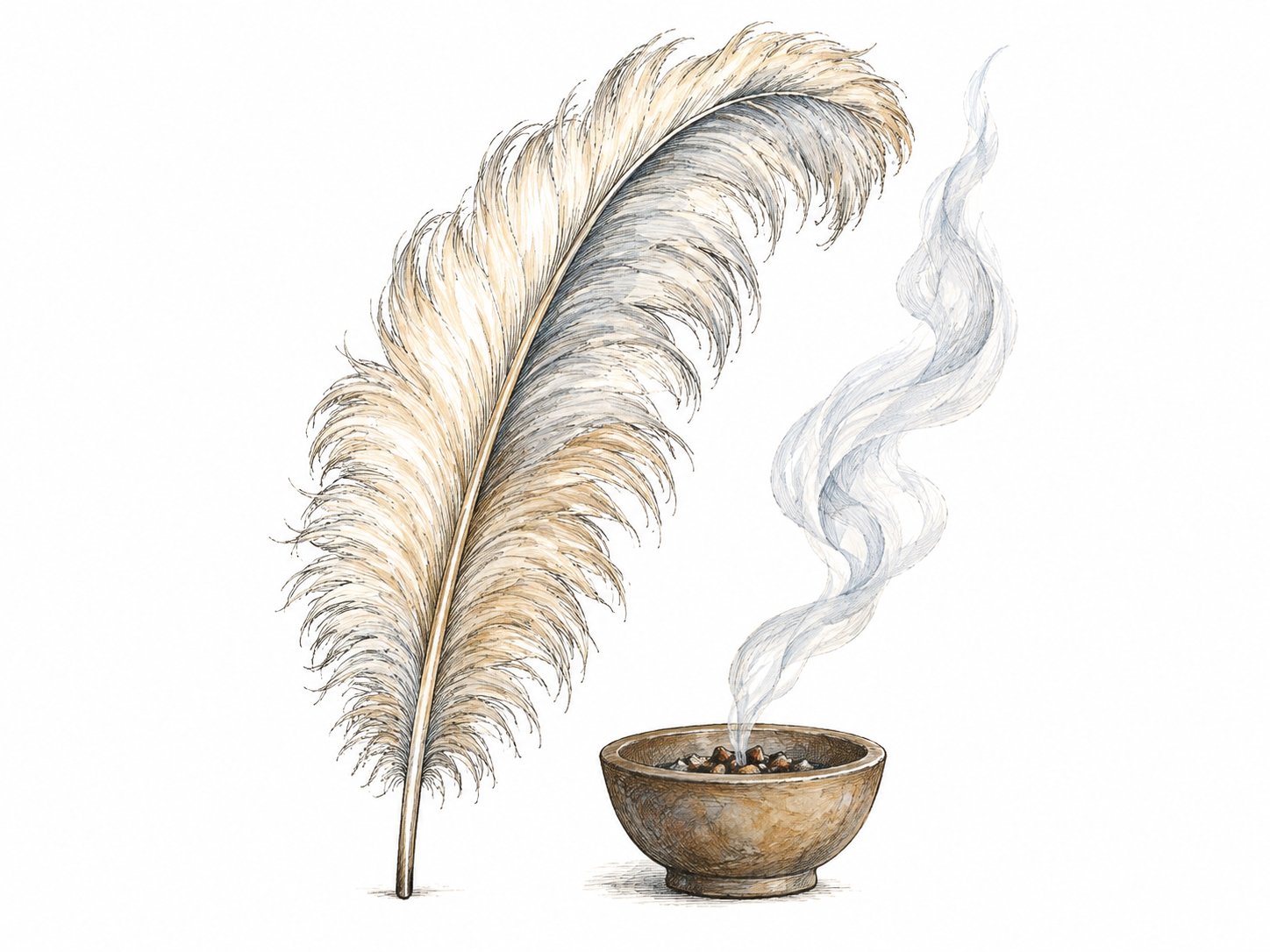 A single tall ornamental ostrich feather curves gracefully beside a small plain bowl of smoldering incense whose pale gray smoke rises in a long featherlike plume.