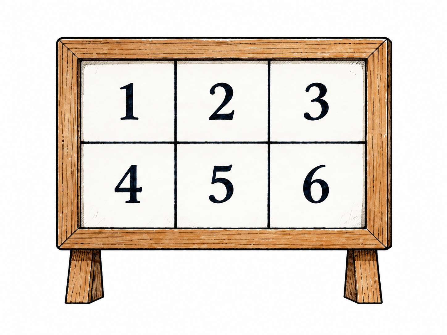 A small physical board displays numbers1 through6 in two straight rows and three columns, a clear rectangular matrix; these functional digits only.
