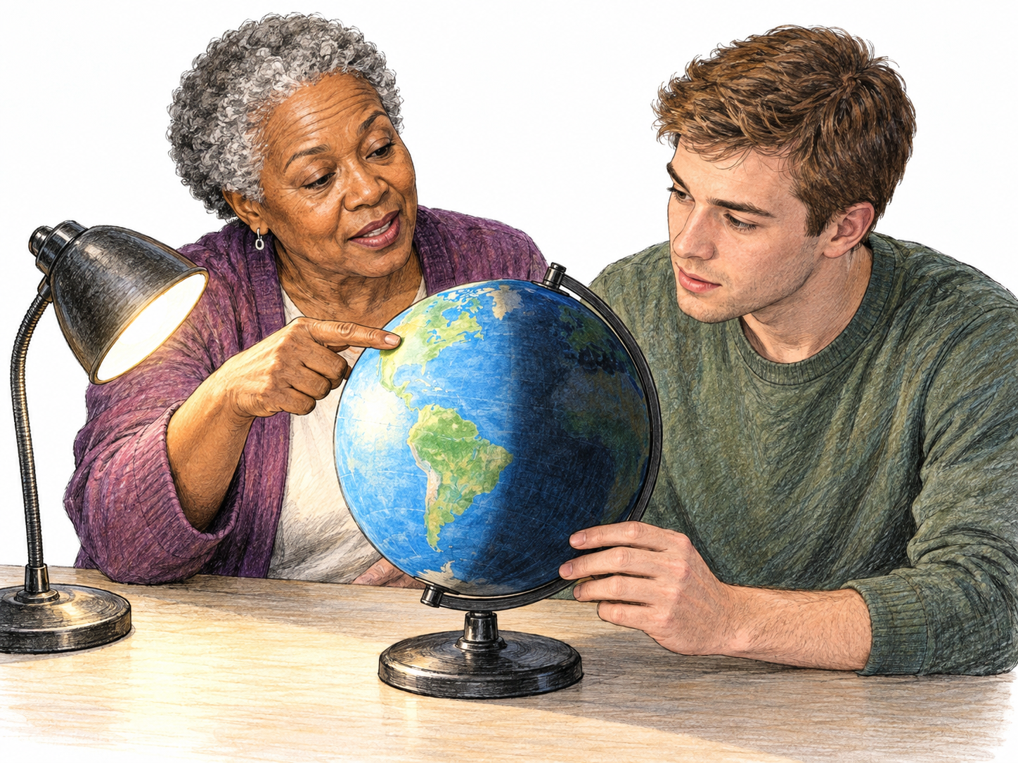 Edification through a clear, hands-on explanation of why Earth has day and night: an educator uses a lamp and globe while a learner follows the demonstration.