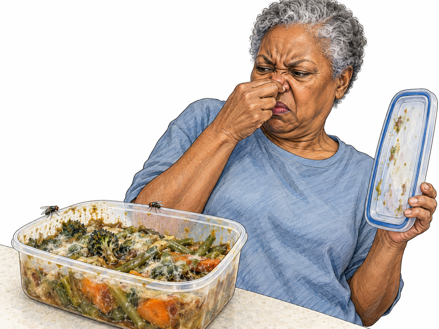 An older woman recoils from an opened food container revealing thoroughly rotten leftovers, making extreme unpleasantness visible through mold, slime, flies, and her disgusted reaction.
