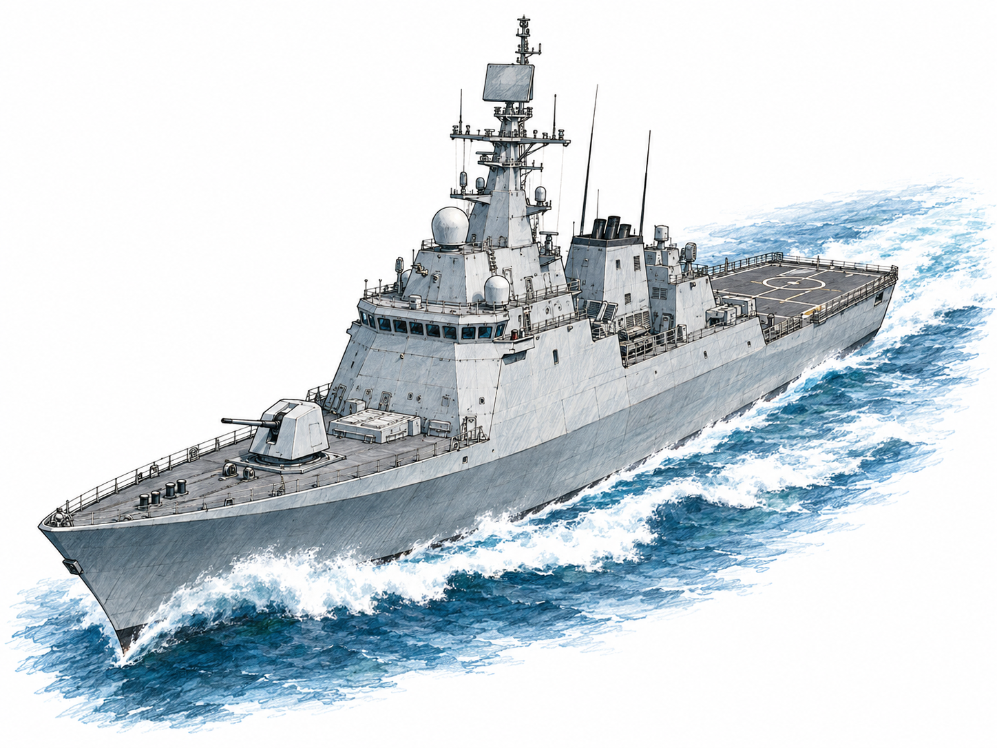 A modern medium-sized naval frigate speeding through open water, with a narrow gray hull, forward gun turret, radar mast, aft helicopter deck, and a long foaming wake.