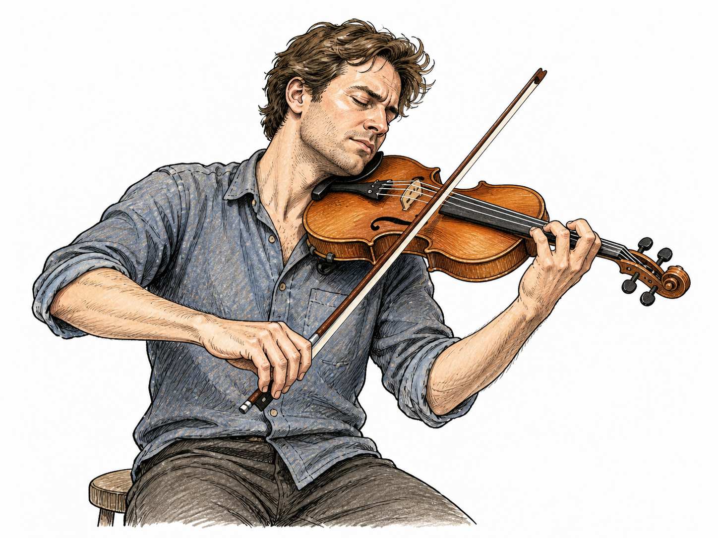 Adult white amateur violinist passionately practices, absorbed expression and energetic bowing, simple studio, no music pages or writing, instrument anatomy correct.