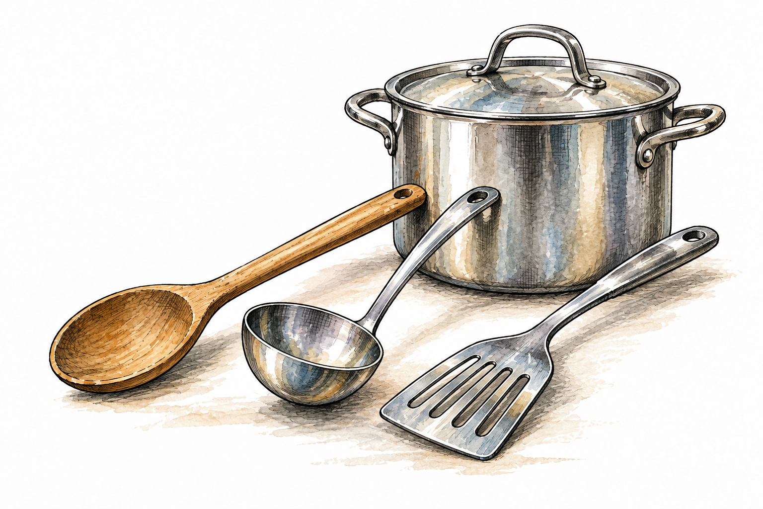 A wooden cooking spoon, metal ladle and spatula neatly arranged beside a cooking pot, clear kitchen utensils.