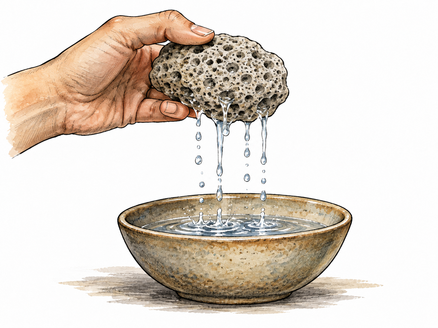 Water trickles through holes in a pumice stone held over a shallow bowl.