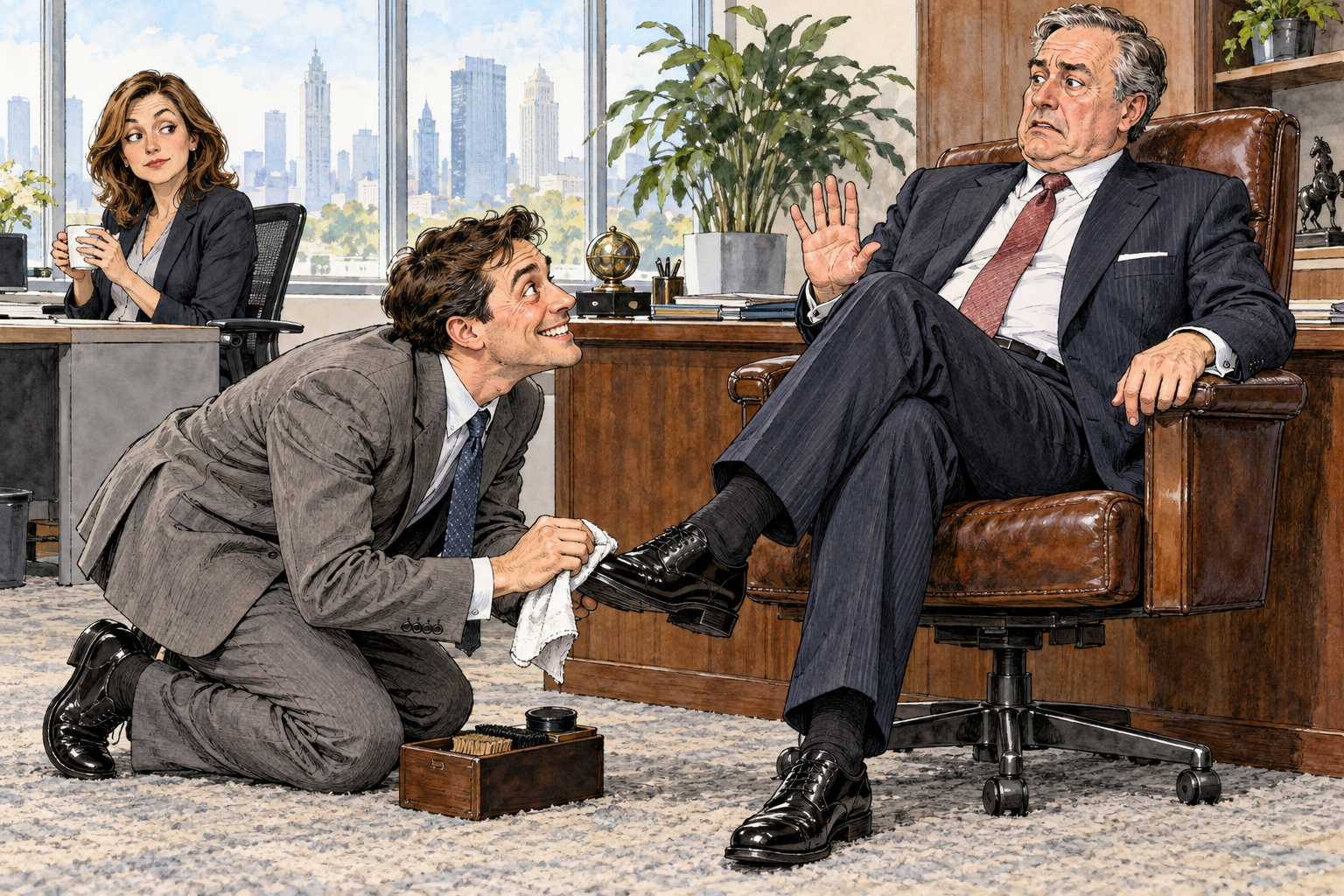 Office employee exaggeratedly flatters powerful boss, leaning forward with ingratiating smile and polishing boss's already clean shoe while boss looks uncomfortable, other colleague observes.
