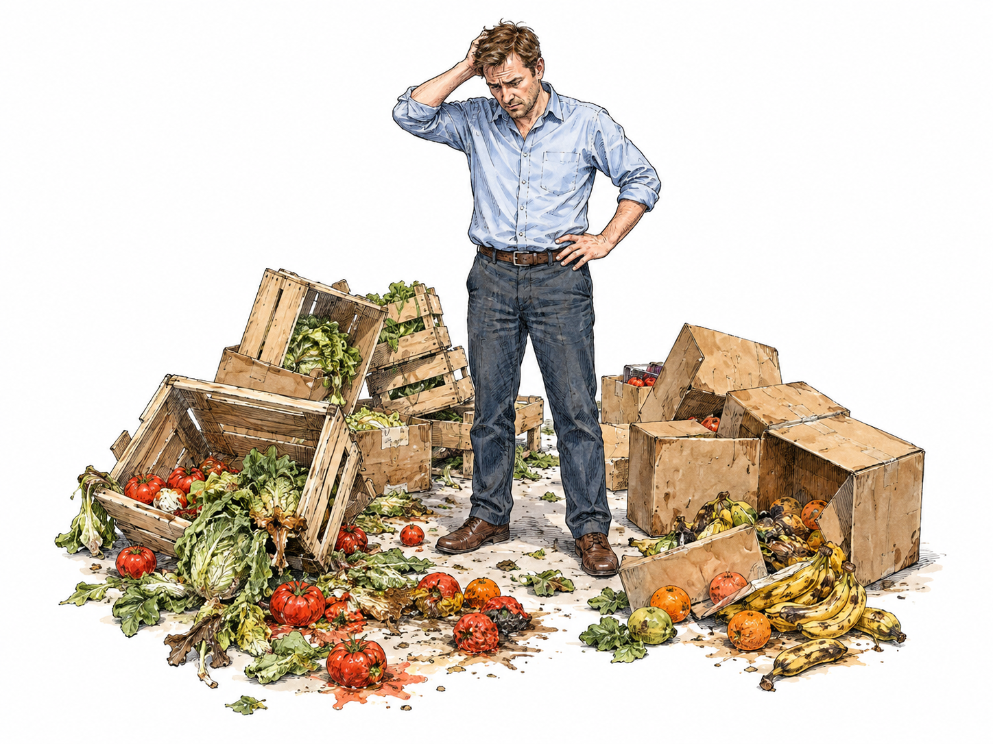 Supervisor stands perplexed among spoiled produce and tangled delivery boxes left disorganized, wasted resources evident; no labels.